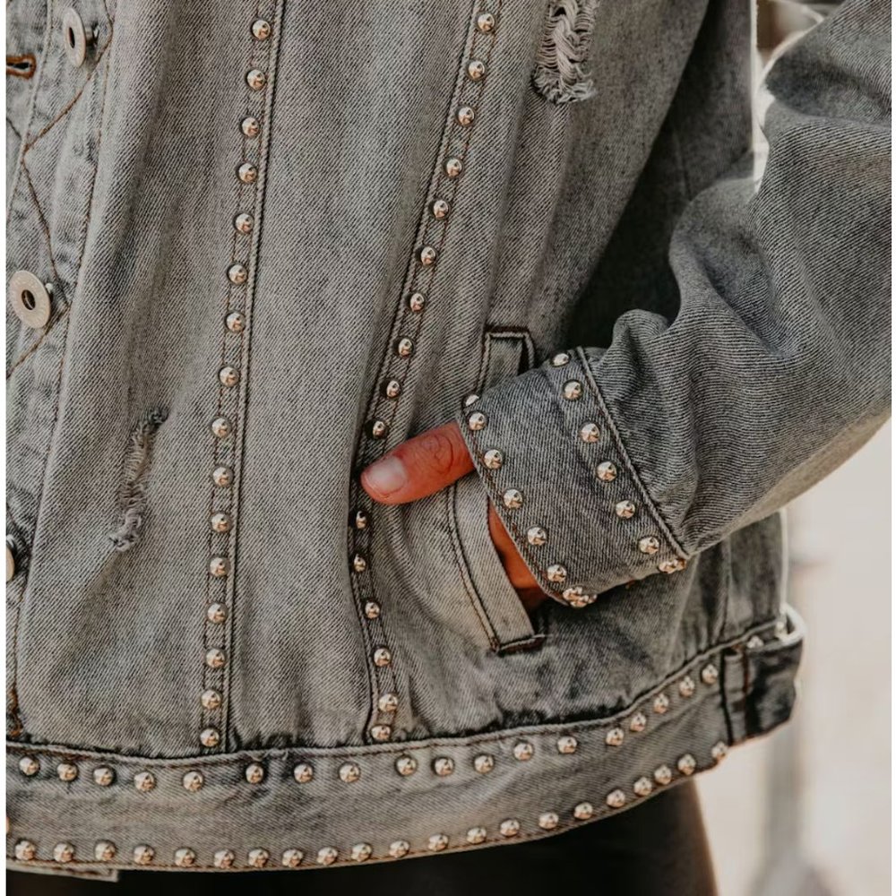 Vici Grey Distressed Studded Denim Jean Jacket - Picture 3 of 13